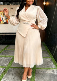 Plus Size Women Turndown Collar Puff Sleeve Rhinestone Tummy‑Control Ruffled Pleated Dress