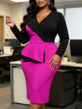 Plus Size Women Color‑Block V‑Neck OL Wear Ruffled Long Sleeve Bodycon Dress