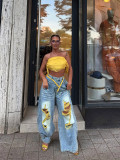 Women Ripped Color‑Block Denim Wide‑Leg Pants