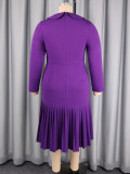 Plus Size Women Peter Pan Collar Long Sleeve Belted Pleated Formal Party Dress