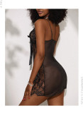 Women V‑Neck Bow Lace Trim See‑Through Mesh Slip Nightgown
