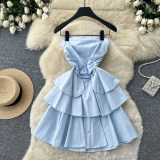 Women French Strapless Ruffled Tiered Sleeveless Dress