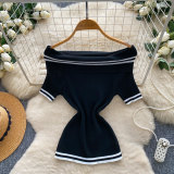 Women Off‑Shoulder Striped Knit Summer White Short‑Sleeve Top