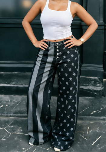 Women Autumn Star‑Striped Printed Denim Pants