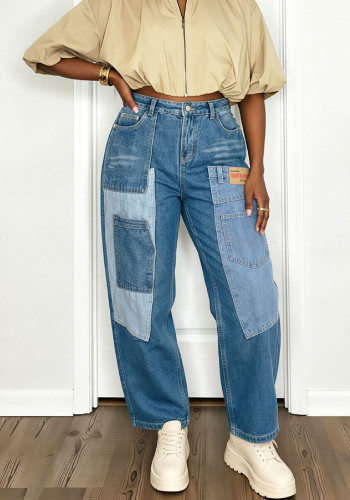 Women Appliqué Patchwork Multi‑Pocket Wide‑Leg Denim Pants