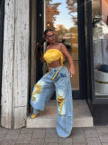 Women Ripped Color‑Block Denim Wide‑Leg Pants