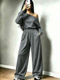 Women Autumn‑Winter Slash‑Shoulder Top & Pocket Wide‑Leg Pants Two‑Piece Set