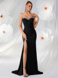 Women Black Strapless Beaded Formal Party Sexy Slit Ruched Mermaid Evening Dress