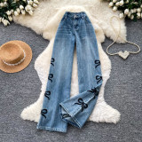 Women Casual Bow‑Embroidered Denim Pants