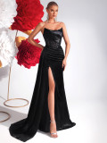 Women Black Strapless Sexy Slit Formal Party Evening Dress