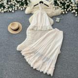 Women French Summer Holidays Halter Neck Lace Patchwork Cami Top & Skirt Two‑Piece Set