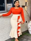 Plus Size Women Color‑Block Square Neck Mermaid Side‑Ruffled Half‑Sleeve Formal Party Bodycon Dress