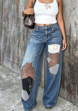 Women Stitched Patchwork Appliqué Washed Denim Pants