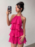 Women Holidays Pink Halter Neck Slip Cascading Ruffles Dress