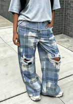 Women Plaid Ripped Patchwork Washed Denim Pants Women Plaid Ripped Patchwork Washed Denim Pants
