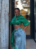 Women Ripped Color‑Block Denim Wide‑Leg Pants