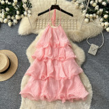 Women Holidays Pink Halter Neck Slip Cascading Ruffles Dress