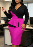Plus Size Women Color‑Block V‑Neck OL Wear Ruffled Long Sleeve Bodycon Dress