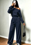 Women Autumn‑Winter Slash‑Shoulder Top & Pocket Wide‑Leg Pants Two‑Piece Set