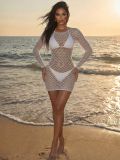 Women Summer Fishnet Cutout Beach Cover‑Up Bikini Outer White Long Sleeve Dress