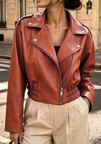 Women Turndown Collar Zipper Pu‑Leather Gathered Casual Pu‑Leather Jacket