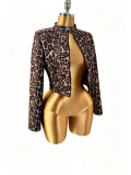 Women Autumn‑Winter Leopard Stand Collar Long Sleeve Jacket