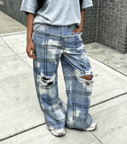 Women Plaid Ripped Patchwork Washed Denim Pants