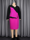 Plus Size Women Color‑Block V‑Neck OL Wear Ruffled Long Sleeve Bodycon Dress
