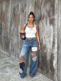Women Stitched Patchwork Appliqué Washed Denim Pants