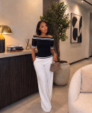 Women Off‑Shoulder Striped Knit Summer White Short‑Sleeve Top