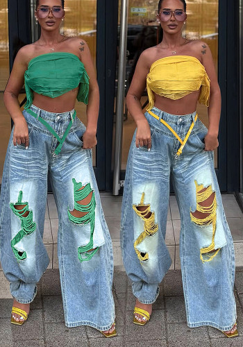 Women Ripped Color‑Block Denim Wide‑Leg Pants