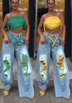 Women Ripped Color‑Block Denim Wide‑Leg Pants Women Ripped Color‑Block Denim Wide‑Leg Pants
