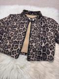 Women Autumn‑Winter Leopard Stand Collar Long Sleeve Jacket