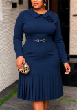 Plus Size Women Peter Pan Collar Long Sleeve Belted Pleated Formal Party Dress