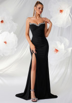 Women Black Strapless Beaded Formal Party Sexy Slit Ruched Mermaid Evening Dress