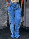 Women Summer Cutout Denim Wide‑Leg Pants