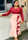 Plus Size Women Color‑Block Square Neck Mermaid Side‑Ruffled Half‑Sleeve Formal Party Bodycon Dress