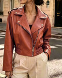 Women Turndown Collar Zipper Pu‑Leather Gathered Casual Pu‑Leather Jacket