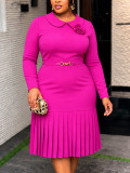 Plus Size Women Peter Pan Collar Long Sleeve Belted Pleated Formal Party Dress