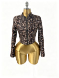 Women Autumn‑Winter Leopard Stand Collar Long Sleeve Jacket