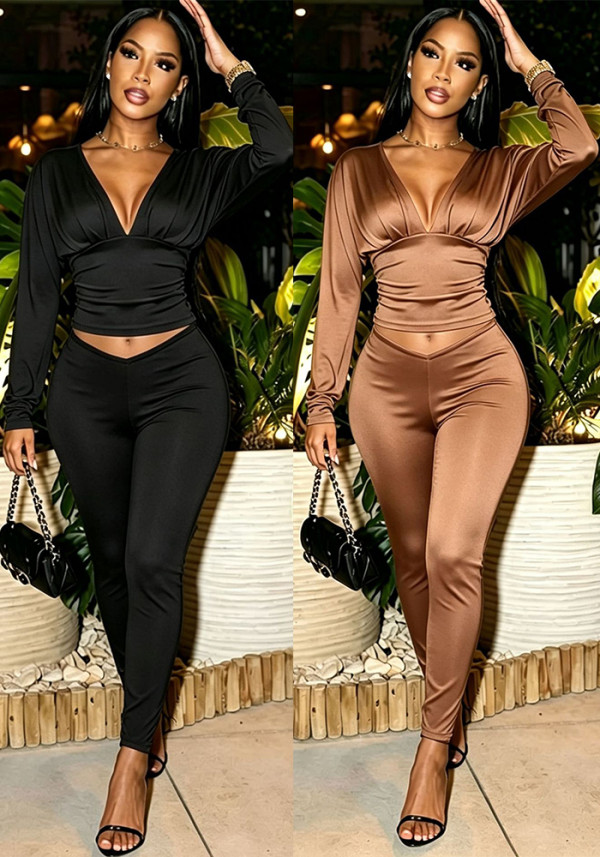 Women Casual Sexy Long‑Sleeve Top & Pants Two‑Piece Set
