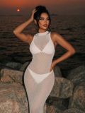 Women White Holidays Knit Beach Holidays Cover‑Up Grid Sexy Maxi Dress