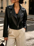 Women Turndown Collar Zipper Pu‑Leather Gathered Casual Pu‑Leather Jacket