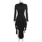 Women Autumn High‑Neck Long Sleeve Draped Ruffled Sexy Bodycon Dress