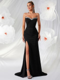 Women Black Strapless Beaded Formal Party Sexy Slit Ruched Mermaid Evening Dress