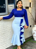Plus Size Women Color‑Block Square Neck Mermaid Side‑Ruffled Half‑Sleeve Formal Party Bodycon Dress