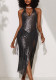 Women Black Silver‑Hot‑Stamped Vertical‑Stripe Mesh Halter Neck Tassel Slit See‑Through Maxi Dress