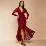 Women Lace Ruched Slit Mermaid Formal Party Dress
