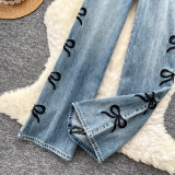 Women Casual Bow‑Embroidered Denim Pants