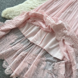Women French Summer Holidays Halter Neck Lace Patchwork Cami Top & Skirt Two‑Piece Set